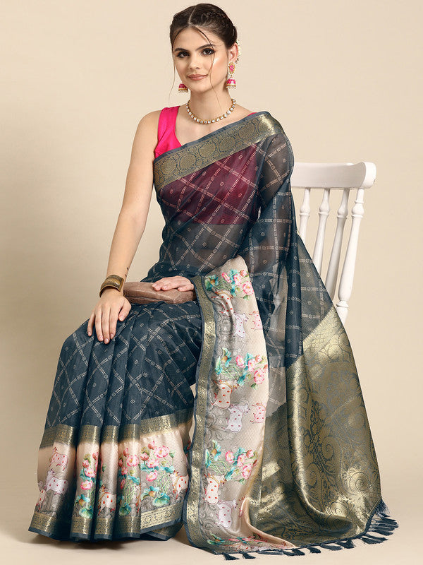 Gray Kanjeevaram silk saree with modern geometric print and unstitched blouse