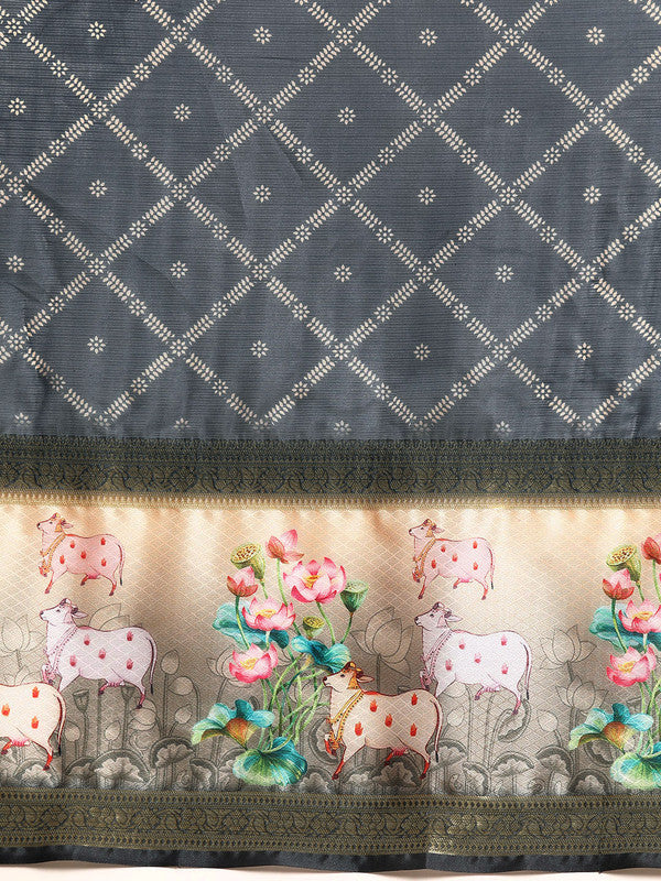 Gray Kanjeevaram Silk Saree with Geometric Digital Print