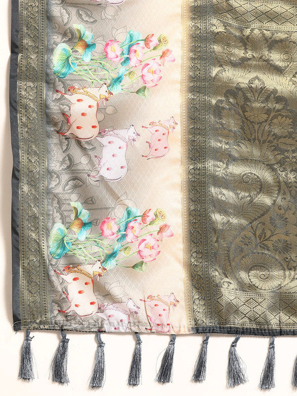 Gray Kanjeevaram Silk Saree with Geometric Digital Print