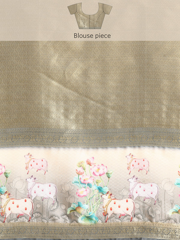 Gray Kanjeevaram Silk Saree with Geometric Digital Print