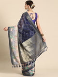 Navy Blue Kanjeevaram Silk Saree with Geometric Digital Print