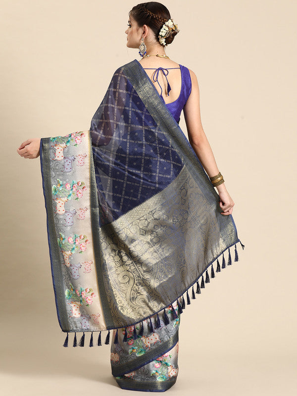 Navy Blue Kanjeevaram Silk Saree with Geometric Digital Print