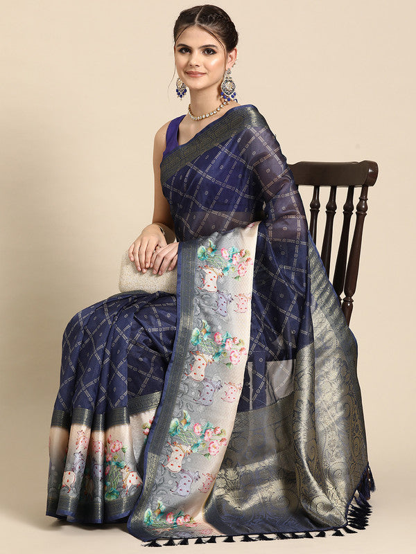 Navy blue Kanjeevaram silk saree with modern geometric digital prints and unstitched blouse