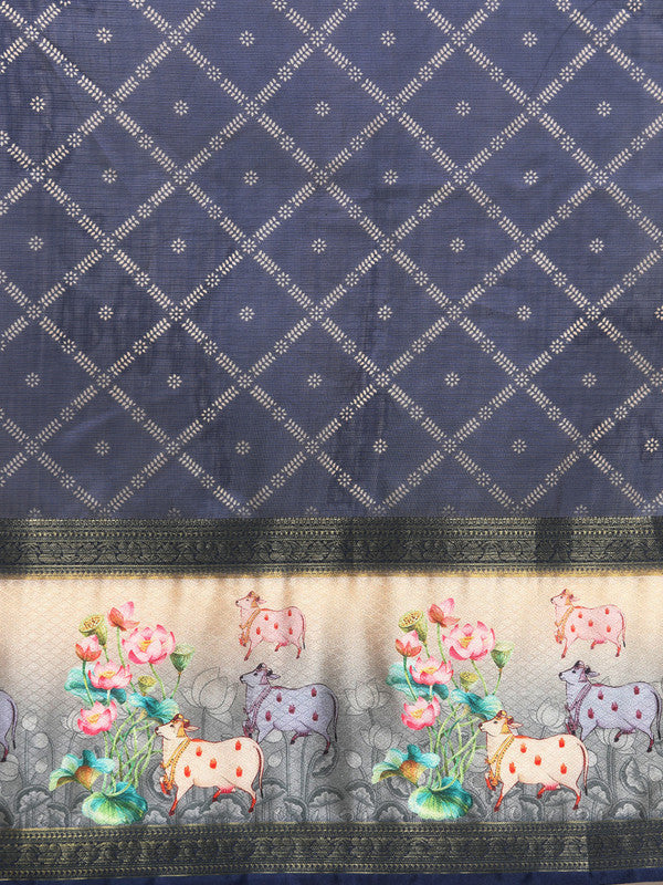 Navy Blue Kanjeevaram Silk Saree with Geometric Digital Print