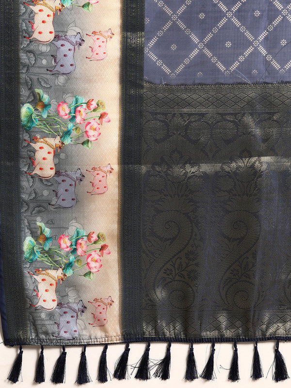 Navy Blue Kanjeevaram Silk Saree with Geometric Digital Print