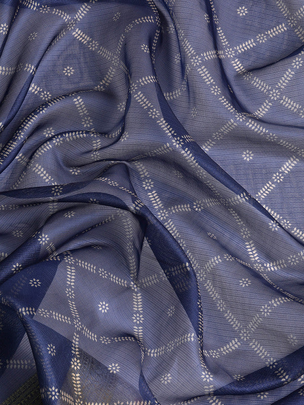 Navy Blue Kanjeevaram Silk Saree with Geometric Digital Print