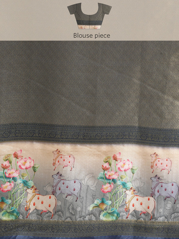 Navy Blue Kanjeevaram Silk Saree with Geometric Digital Print