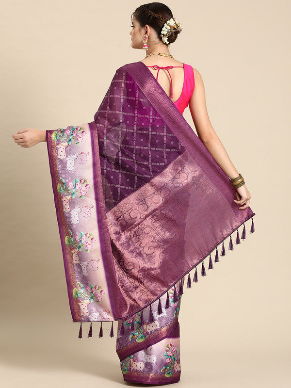 Purple Kanjeevaram Silk Saree with Geometric Digital Print