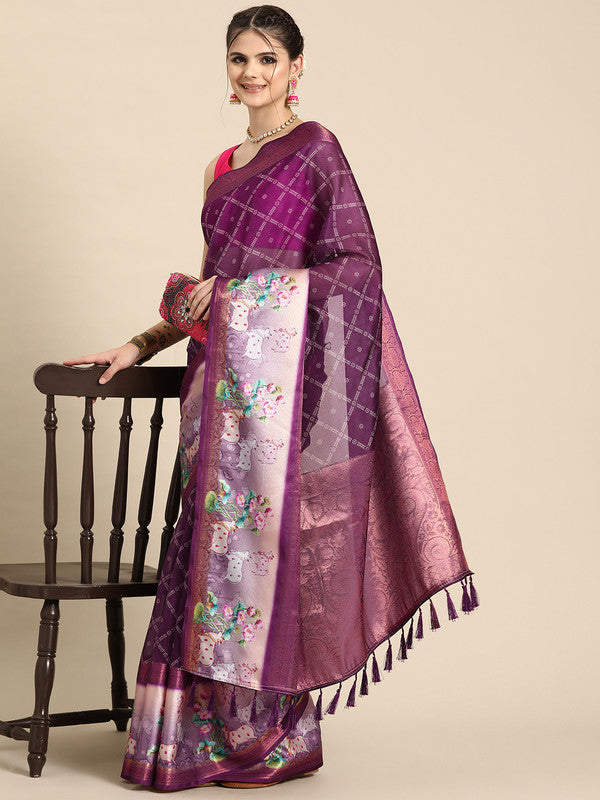 Purple Kanjeevaram silk saree with geometric digital print and unstitched blouse