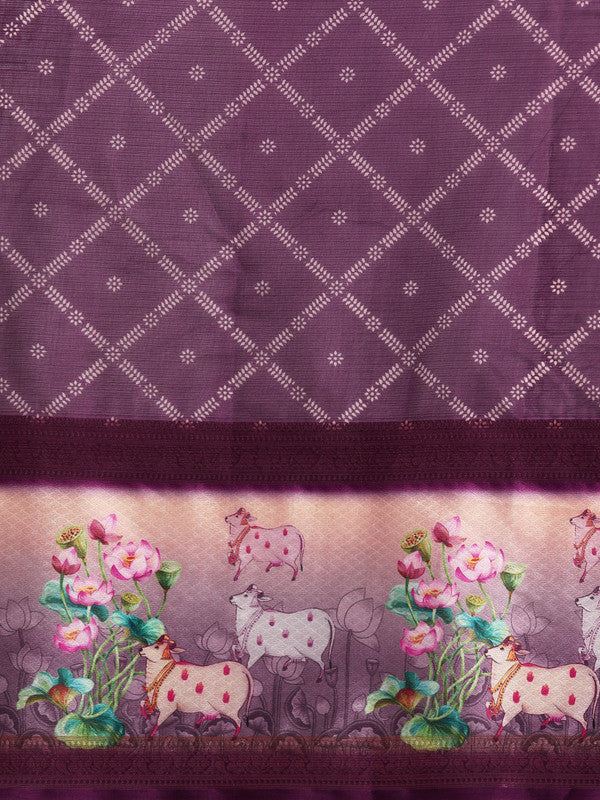 Purple Kanjeevaram Silk Saree with Geometric Digital Print