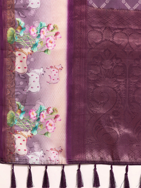 Purple Kanjeevaram Silk Saree with Geometric Digital Print