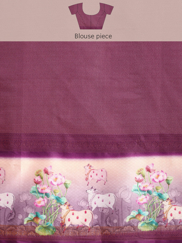 Purple Kanjeevaram Silk Saree with Geometric Digital Print