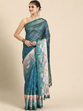 Turquoise Kanjeevaram silk saree with vibrant geometric digital prints and unstitched blouse