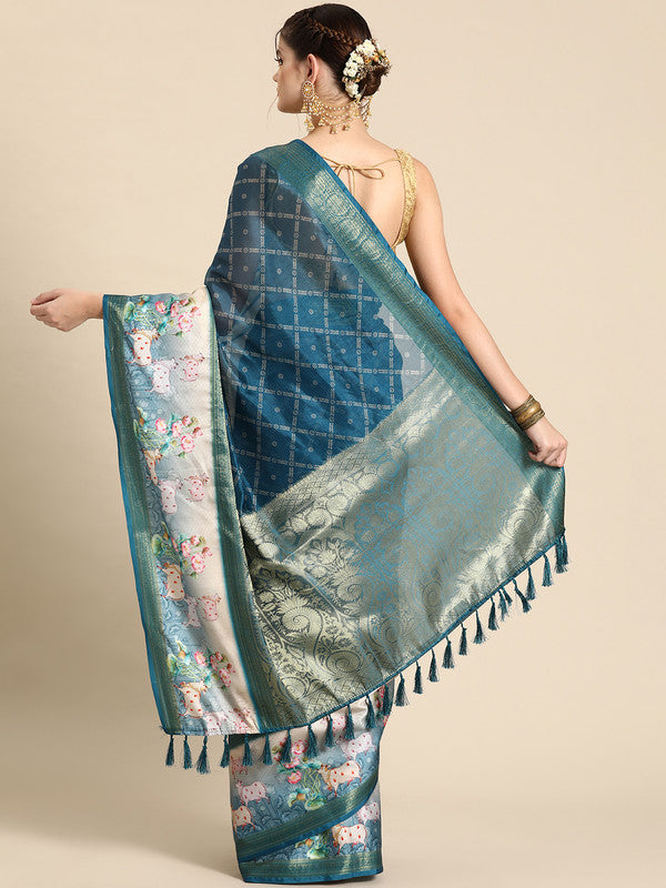 Turquoise Kanjeevaram Silk Saree with Geometric Digital Print