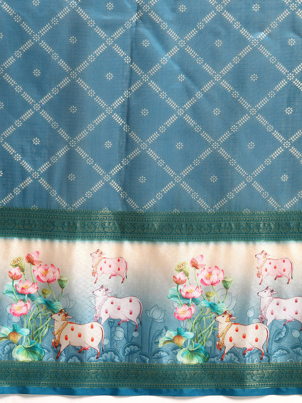 Turquoise Kanjeevaram Silk Saree with Geometric Digital Print