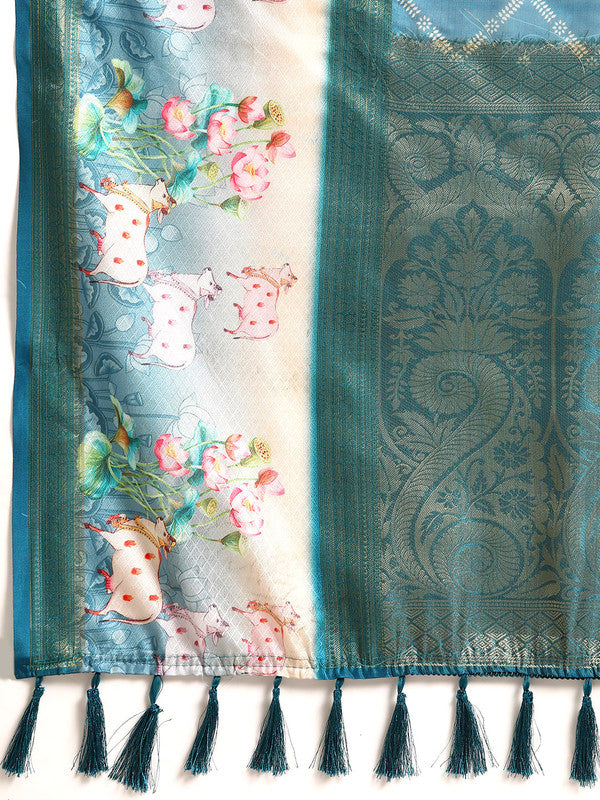 Turquoise Kanjeevaram Silk Saree with Geometric Digital Print