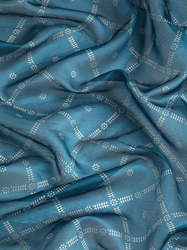 Turquoise Kanjeevaram Silk Saree with Geometric Digital Print