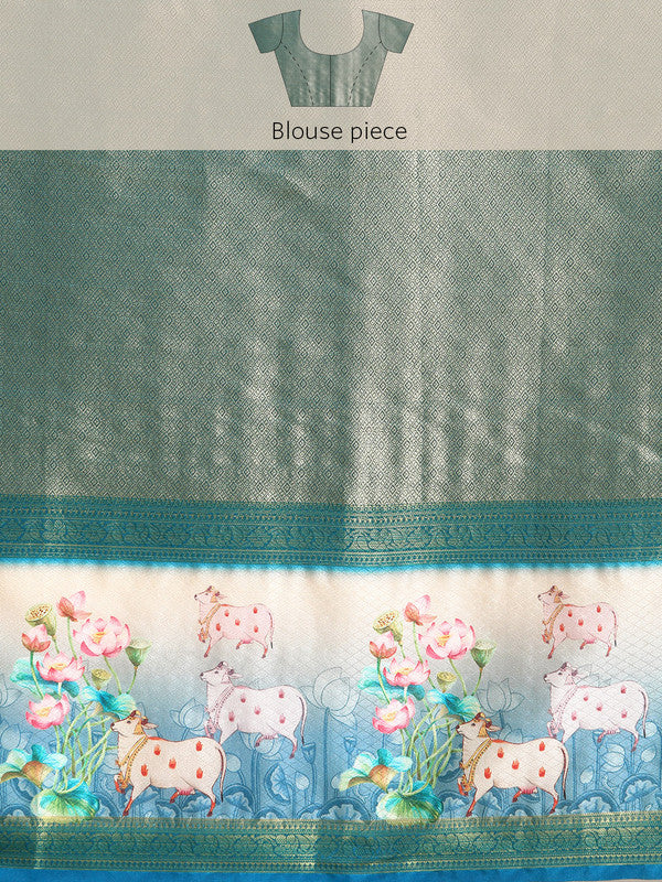 Turquoise Kanjeevaram Silk Saree with Geometric Digital Print