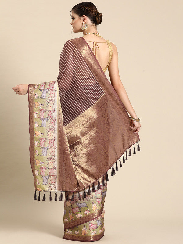 Maroon Kanjeevaram Silk Digital Print Striped Saree with Blouse