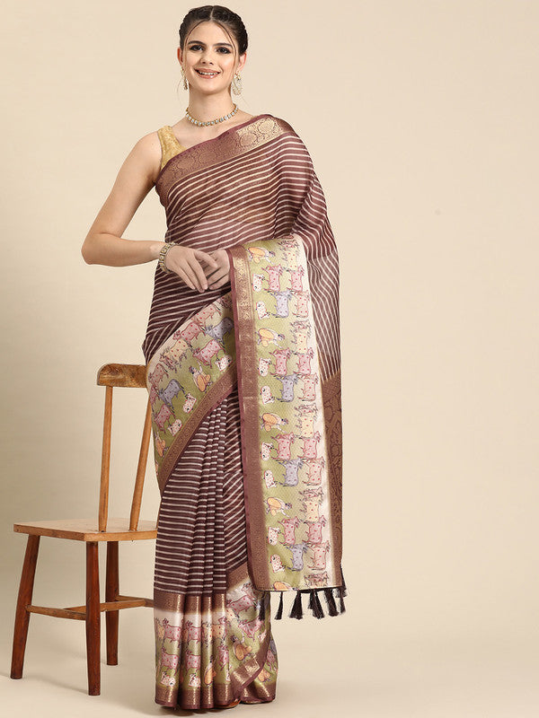 Maroon Kanjeevaram silk saree with digital striped print and unstitched blouse