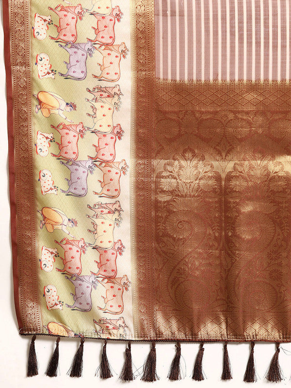 Maroon Kanjeevaram Silk Digital Print Striped Saree with Blouse