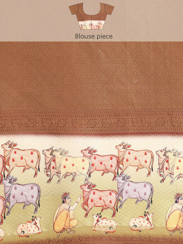 Maroon Kanjeevaram Silk Digital Print Striped Saree with Blouse