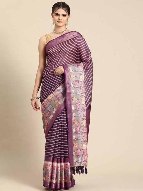 Purple Kanjeevaram silk saree with modern digital print and stripes