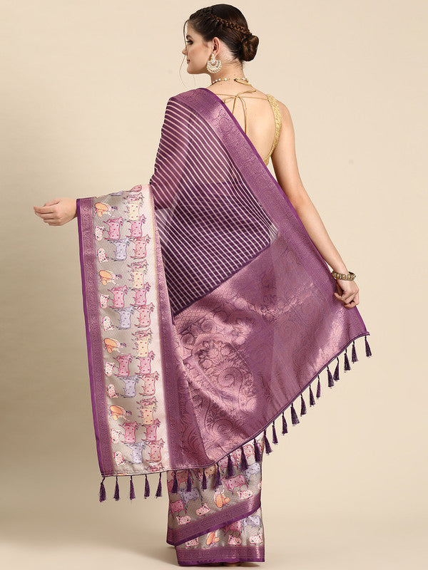 Purple Kanjeevaram Silk Digital Print Striped Saree with Blouse