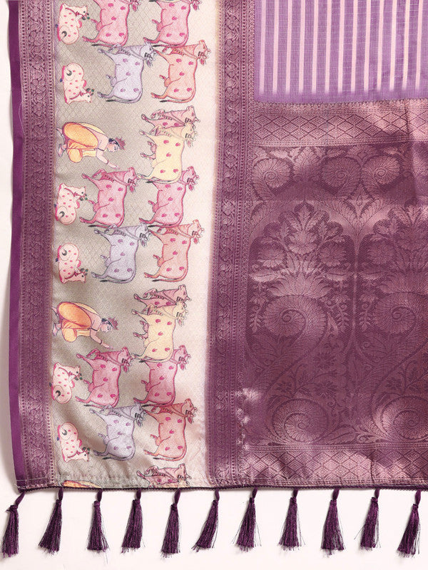 Purple Kanjeevaram Silk Digital Print Striped Saree with Blouse