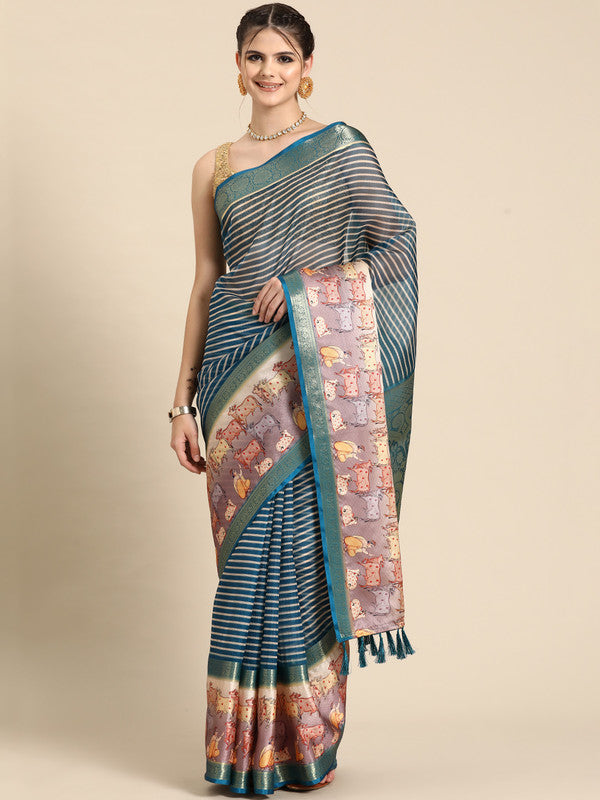 Turquoise Kanjeevaram silk saree with striped digital print pattern