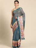 Turquoise Kanjeevaram silk saree with striped digital print pattern