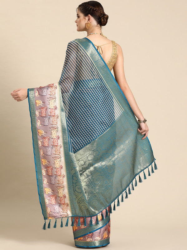 Turquoise Kanjeevaram Silk Striped Saree with Digital Print