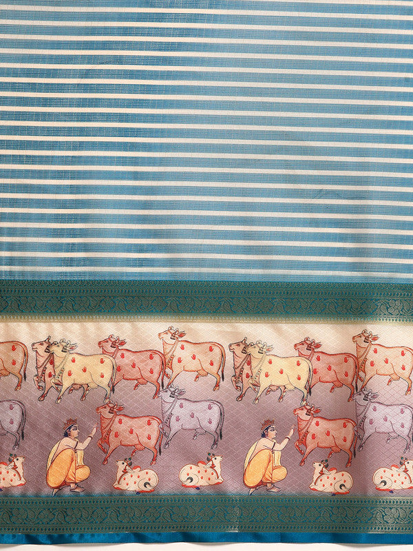 Turquoise Kanjeevaram Silk Striped Saree with Digital Print
