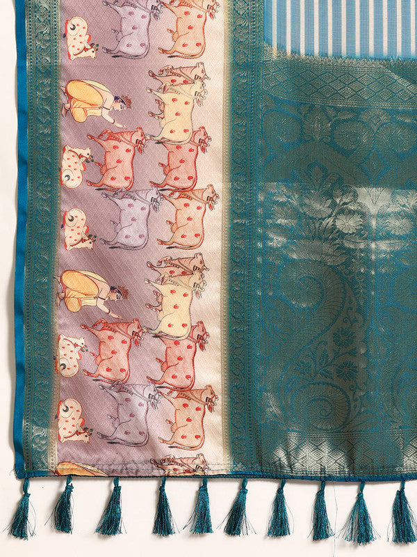 Turquoise Kanjeevaram Silk Striped Saree with Digital Print