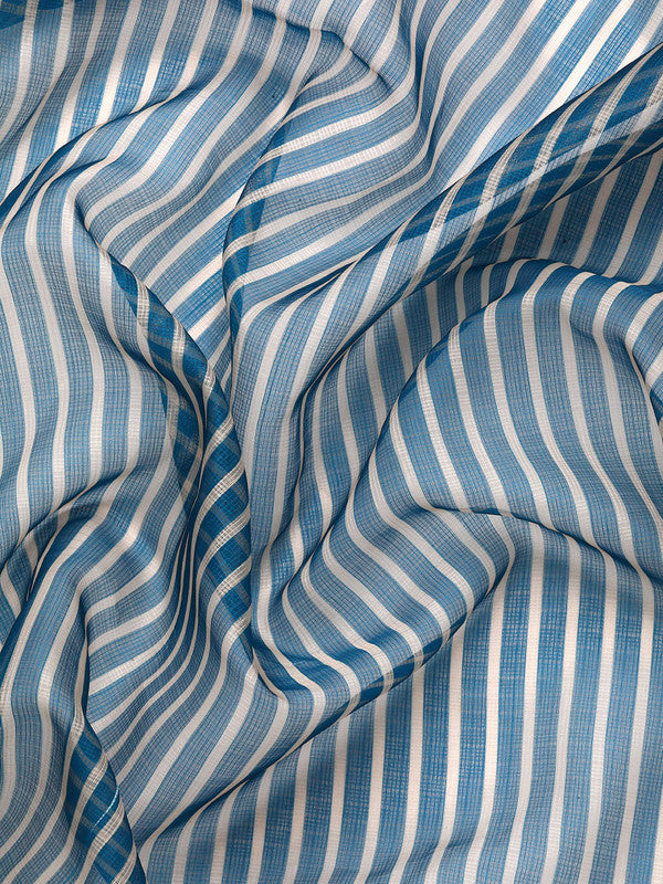 Turquoise Kanjeevaram Silk Striped Saree with Digital Print