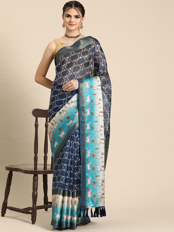 Blue Kanjeevaram silk saree with vibrant geometric digital print and matching blouse