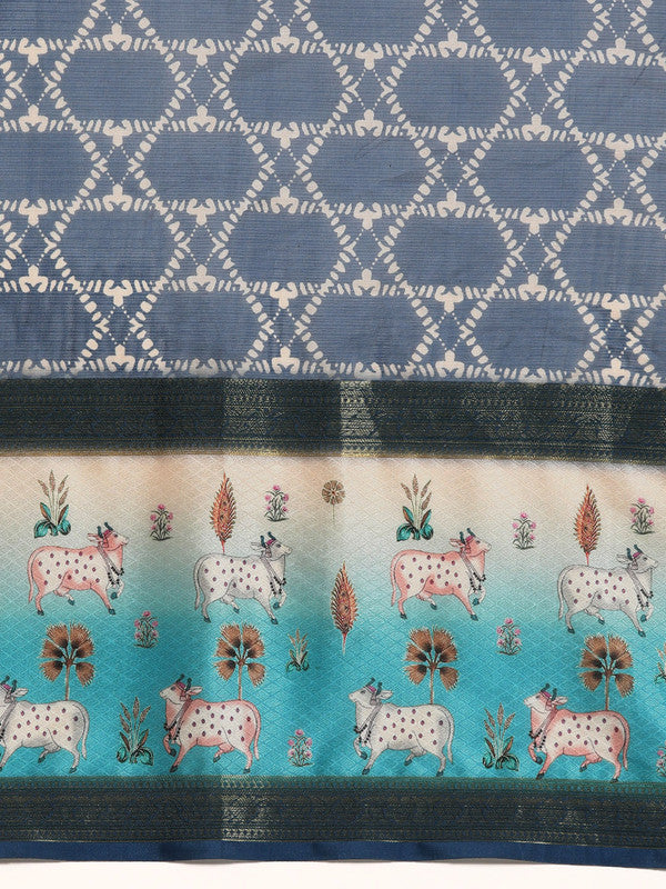 Blue Kanjeevaram Silk Saree with Digital Geometric Print