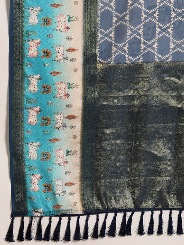 Blue Kanjeevaram Silk Saree with Digital Geometric Print