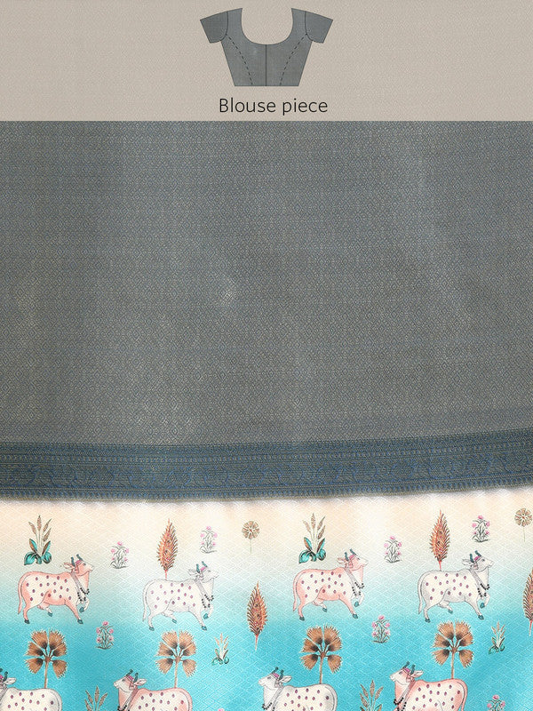 Blue Kanjeevaram Silk Saree with Digital Geometric Print