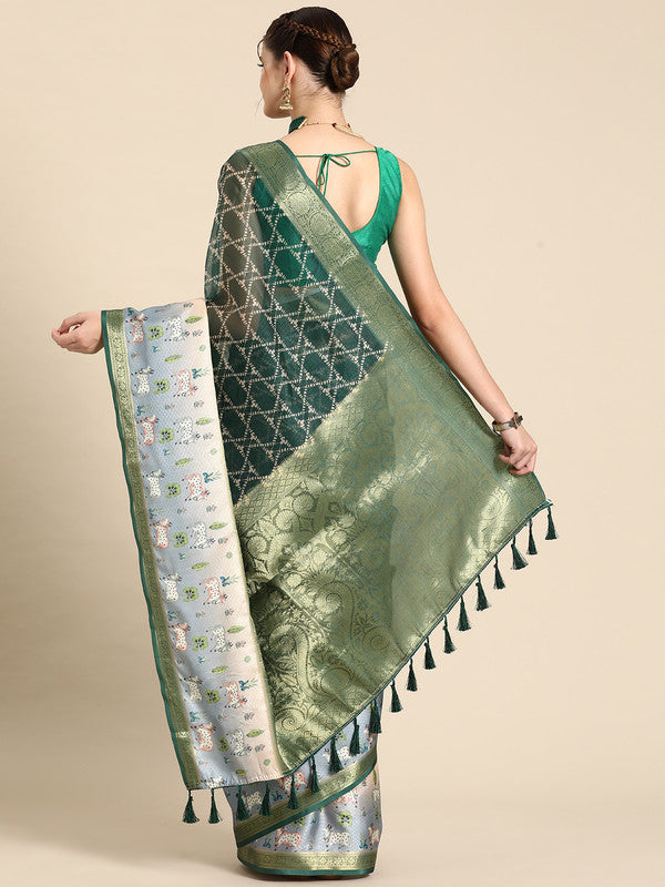 Green Kanjeevaram Silk Geometric Print Saree with Blouse Piece