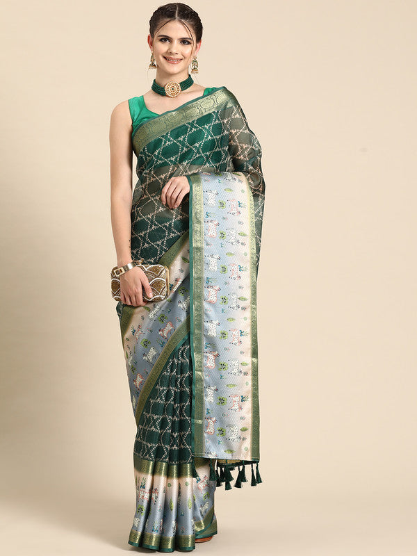 Green Kanjeevaram silk saree with geometric digital print and unstitched blouse piece