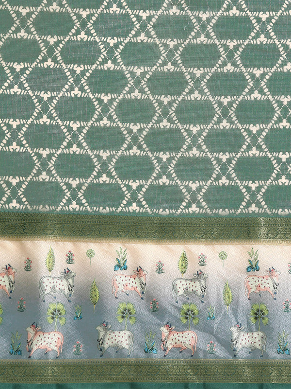 Green Kanjeevaram Silk Geometric Print Saree with Blouse Piece