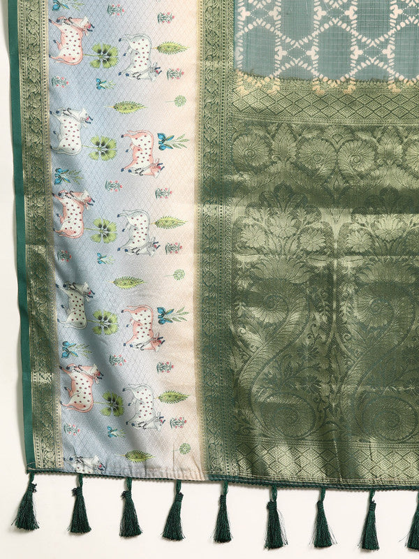 Green Kanjeevaram Silk Geometric Print Saree with Blouse Piece