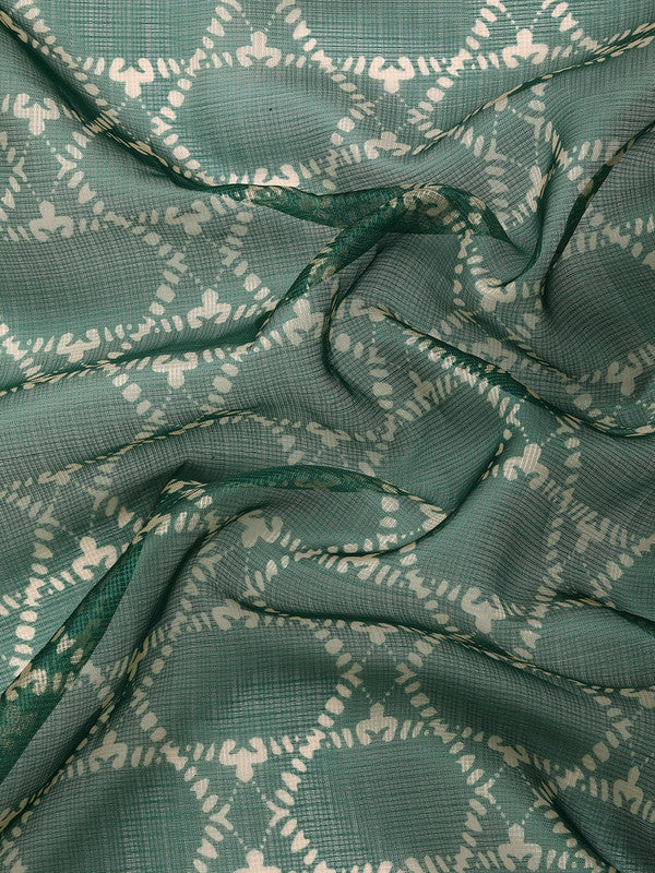 Green Kanjeevaram Silk Geometric Print Saree with Blouse Piece