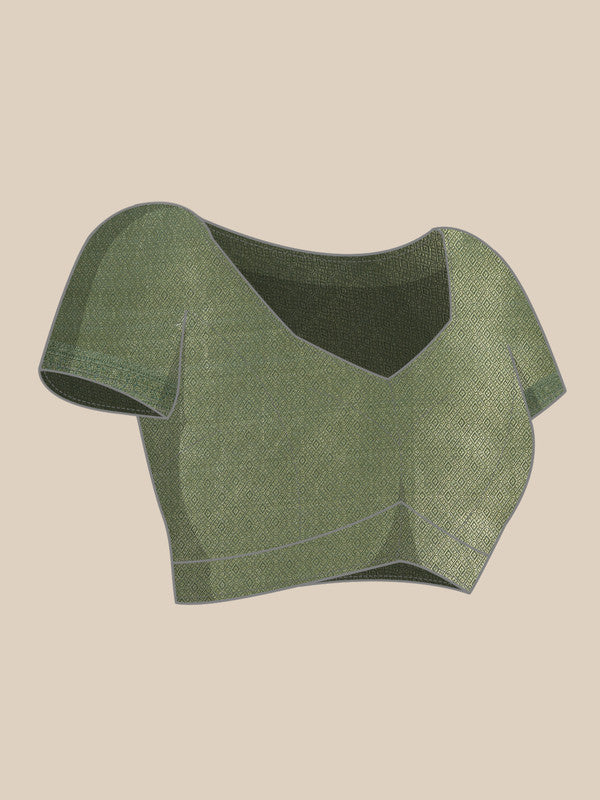 Green Kanjeevaram Silk Geometric Print Saree with Blouse Piece