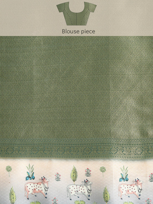 Green Kanjeevaram Silk Geometric Print Saree with Blouse Piece
