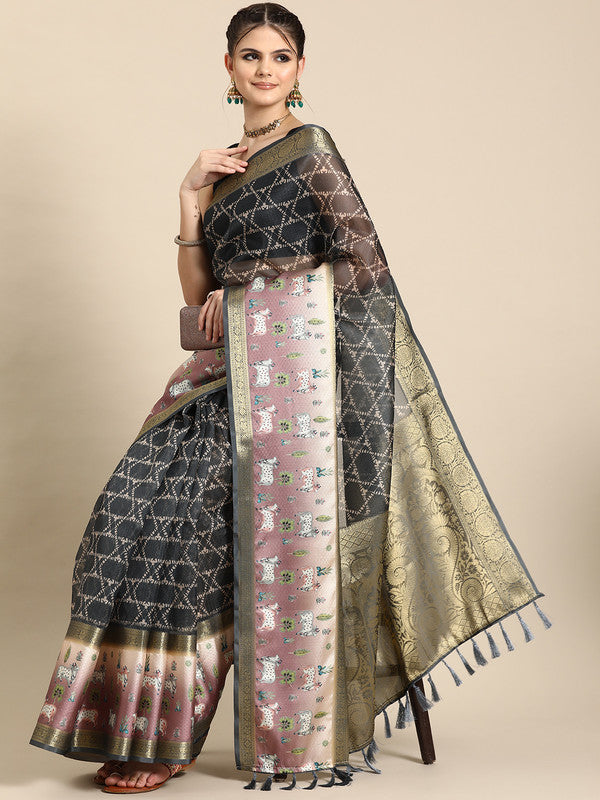 Gray Kanjeevaram silk saree with geometric digital print and unstitched blouse