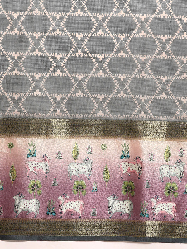 Gray Kanjeevaram Silk Saree with Geometric Digital Print