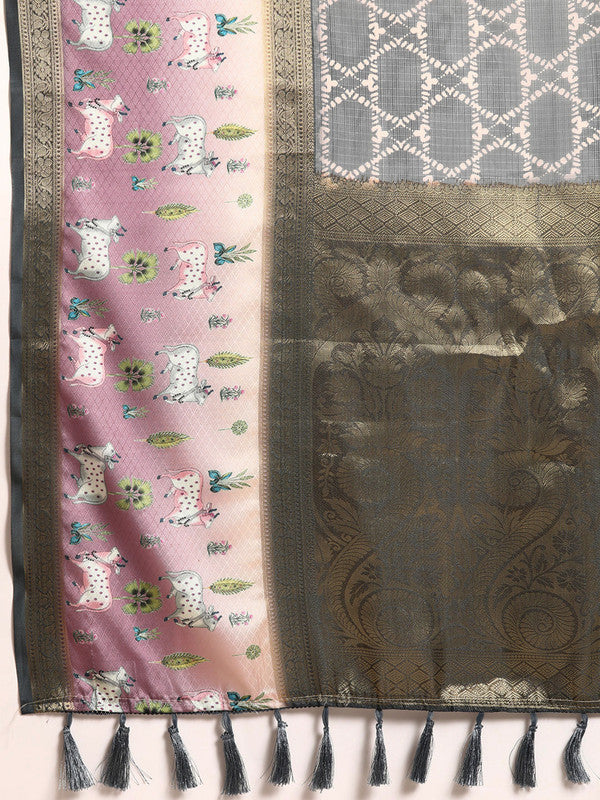 Gray Kanjeevaram Silk Saree with Geometric Digital Print