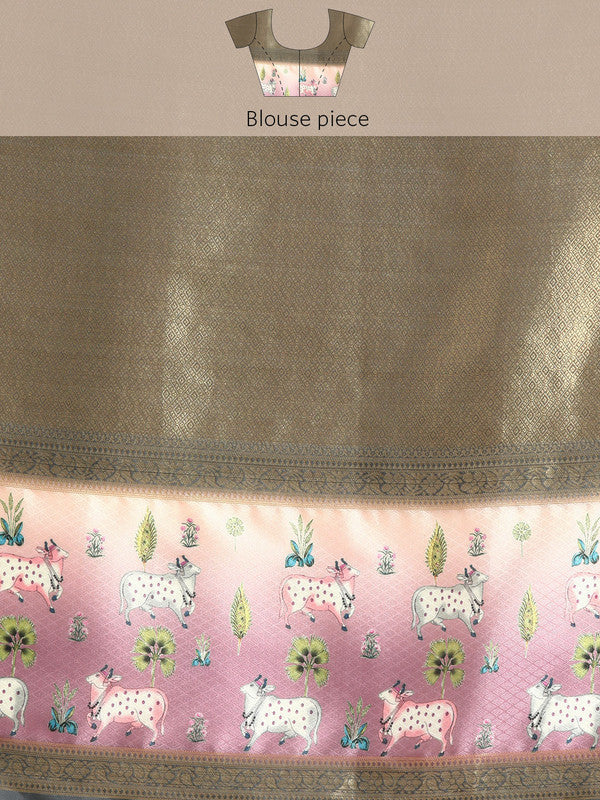Gray Kanjeevaram Silk Saree with Geometric Digital Print